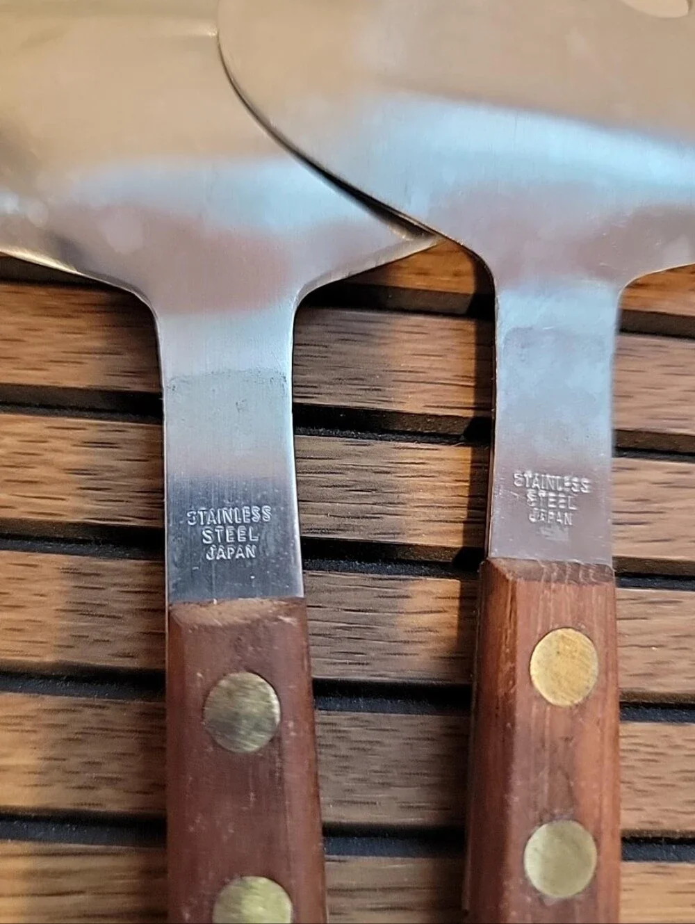 Vintage MCM Japan Salad Servers Wood Handles Stainless Steel Set of 2